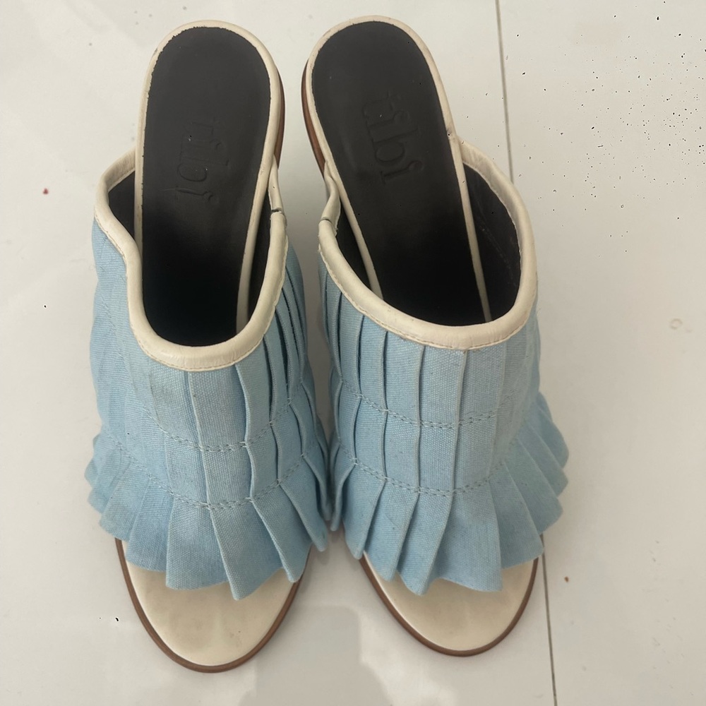 Tibi Light Blue Pleated Fringe Mules Size 8 Statement Designer Slides